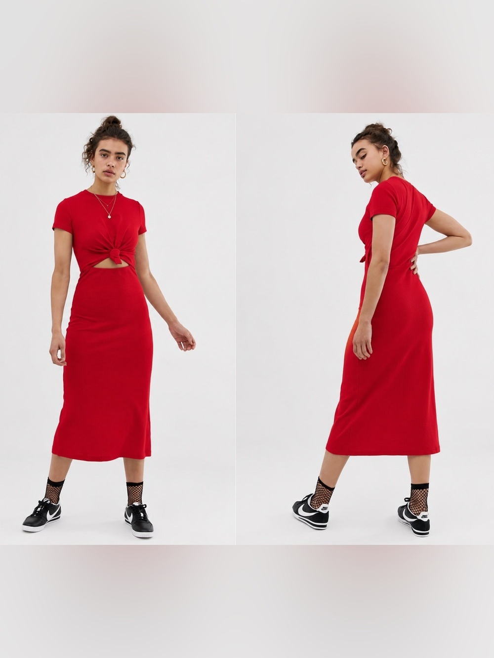 Emory Park Red Cutout Front Knot Waffle Tee Shirt Midi Dress M Medium